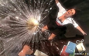 Alektra blue sits on her desk and does striptease