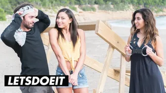 Seductive Brunette Surprises Boyfriend With Wild Threesome on Sandy Shore