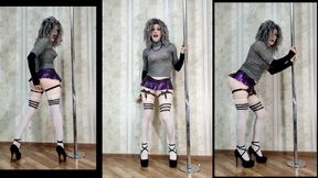 Slender sisi girl with protruding nipples in a high-heeled miniskirt, in biskis, stockings with garters