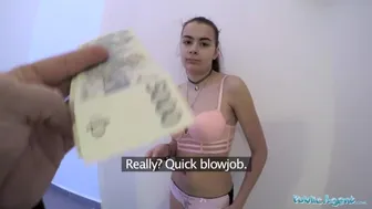 Russian student with shaved pussy fucks in stairwell