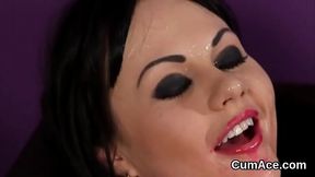 Wicked centerfold gets jizz load on her face eating all the juice