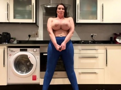 Busty curly brunette with big boobs fucks on couch