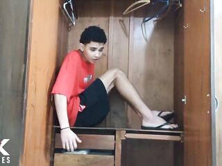 Stepson hides in the closet to spy on his sexy stepmother.