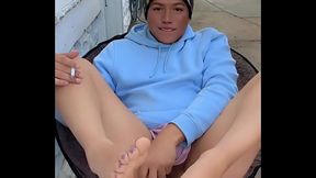 Fannyfemmboi playing naughty outside her home, twerking and jerking till get creamy cum