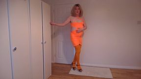 Orange dress and stockings with no panties on