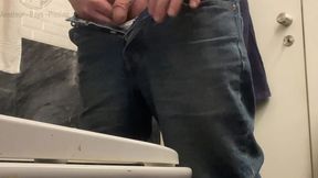 amateur boy in jeans shorts with big hanging balls caught pissing hands free