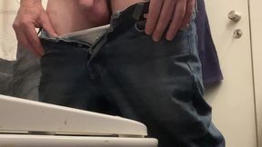 amateur boy in jeans shorts with big hanging balls caught pissing hands free