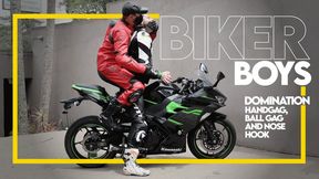 Biker Boys - Green Bike Part 1 (1080p) Gay Domination - Gay Bondage - Nose Hook - Handgag - BDSM - Biker Gear - Gloves - Tape Bondage