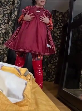 Red Nylon Jumpsuit Fetish Cameltoe Tease, Deep Blowjob and Cum on My Downjacket