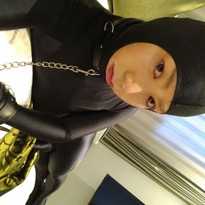 Japanese crossdresses masturbate wearing open face zentai