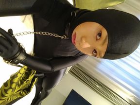 Japanese crossdresses masturbate wearing open face zentai