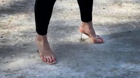 Flip flops on ice, high heels on ice, girl on slippery ice, slippery shoes on ice, frozen feet