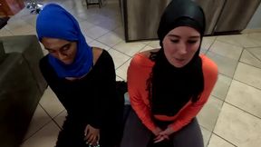 Two Muslim hijab woman on their knees sucking dick and getting their faces covered with cum