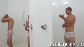 Tattooed sergeant fucks army stud doggystyle in shower