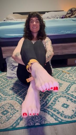 Tied up feet w red pedicure talking about tickling
