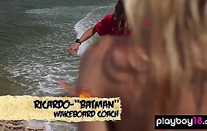 Big boobed badass naked babe Dani Mathers enjoying wake boarding