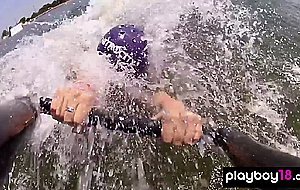 Big boobed badass naked babe Dani Mathers enjoying wake boarding