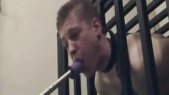 Twink gets mouth training with toys and blowjob practice