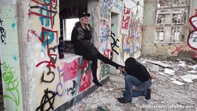 He worships her black stocking feet