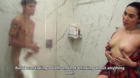Busty stepmom catches skinny stepson jerking off in shower, fucks his brains out