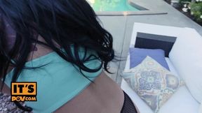 Hairy and petite Gina Valentina gives a great blowjob before taking his