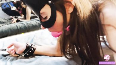 Skinny female slave enjoys to destroy her big pussy by a fuckmachine