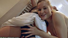 Lezdom babe fucks GF with after fingering her