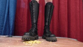 Angry 18 yo female destroyer smashes pop-corn with high Doc Martens boots, fc228x 1080p