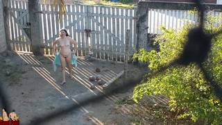 My wife goes outdoor and drops the towel