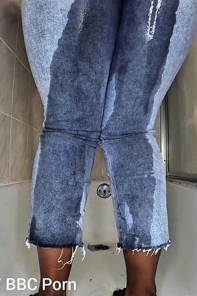 Desperate for Wee in the Bathroom Pissing in My Blue Jeans