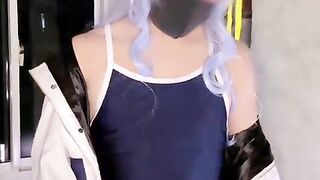 femboy suisei cosplayer in college bathing suit uses automated stroker and shoots a load