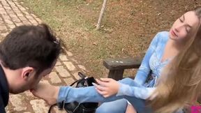 She's Giving Him a Foot-Fetish Frenzy, Blowing His Stockings Off