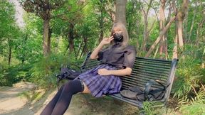 Crossdresser // Slutty Sissy Change Clothes In The Wood And Mastuebate On The Bench With Sissy Crossdresser