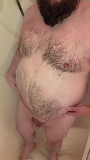 Chubby Daddy Showers and Cleans Dildo and Blowjob Toy