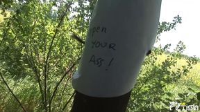 Brunette babe gets her ass destroyed by a masked guy in the forest