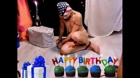 naked pathetic white slave in penis cage handcuffed raise my glas with fresh pee to masters birthday, CMNM