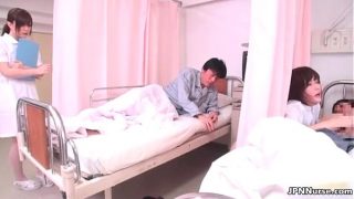 Horny Japanese Nurse Cosplayer Sucks Patient&#8217;s Dick While Being Fingerbanged By Another