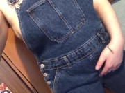 Wetting denim overalls and rubbing pussy