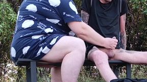 Stepmom in a Park Fingering My Dick on a Bench