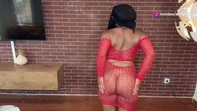 Skinny girl tries on see-through red top and skirt at her apartment