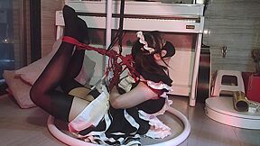 Asian maid hogtied in stockings