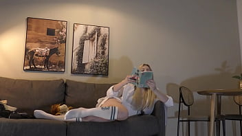 Shaved MILF pussy exposed on the couch