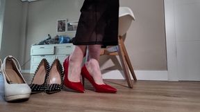 Trying on different high heels and putting on stockings, close up high quality