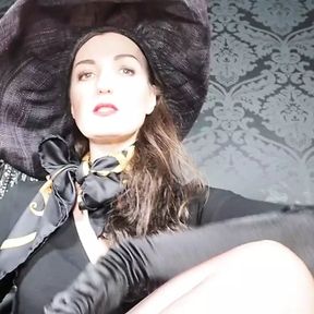 Rich Lady with Hat Tease &amp; Denial Leather Paddle and Extreme High Heels Cum Feeding Game