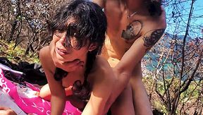 Skinny Petite Brunette Takes Huge Cock Deep in Wild Forest Pound