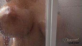Busty Deauxma and Dolly Fox get oiled and wet in shower