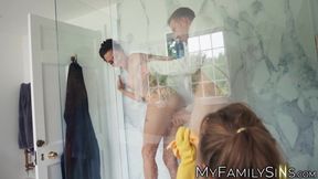 Tattooed wife Coco Bae is pussy smashed while the maid cleans