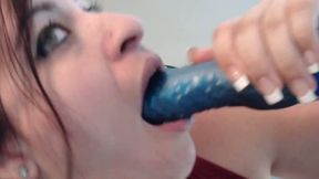 White Girl with Tattoos Licking a Big Dildo