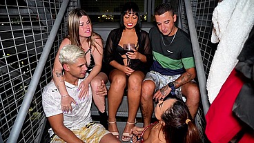 Three friends having an orgy with two men after the strip tease show \ Tres amigas fazendo uma suruba com dois homens depois do show de streap-tease