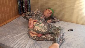 video 2 : 2 - leeharper pinnomen – the fully body tattooed adult male model - performed on the blue mattress as he was hired to put his nude male body on full display to satisfy his partygoers !